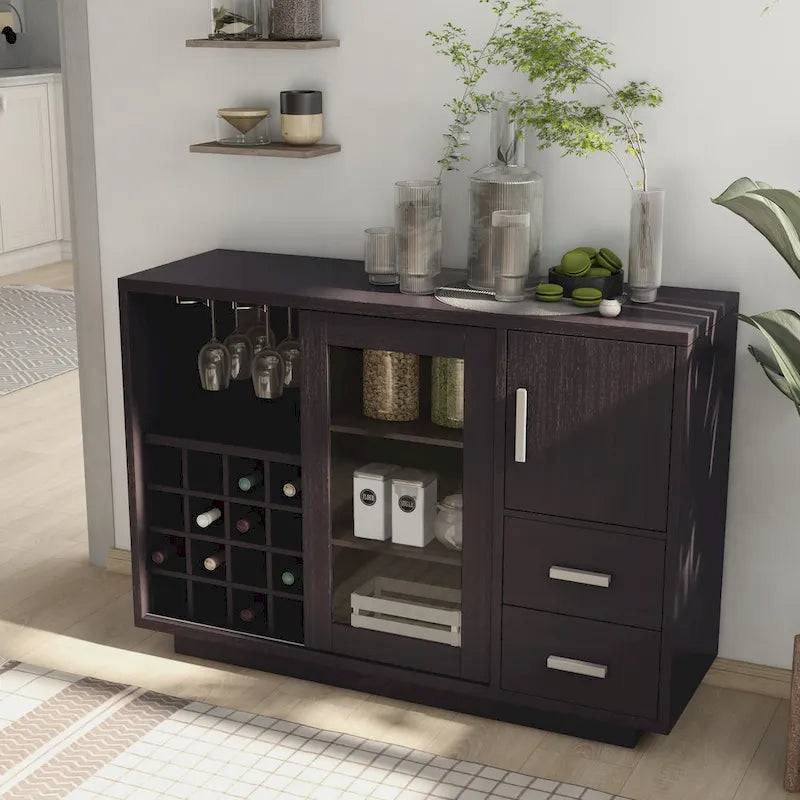 Modern Wine Bar Buffet Cabinet with Wine Rack Stemware Holder and Drawers