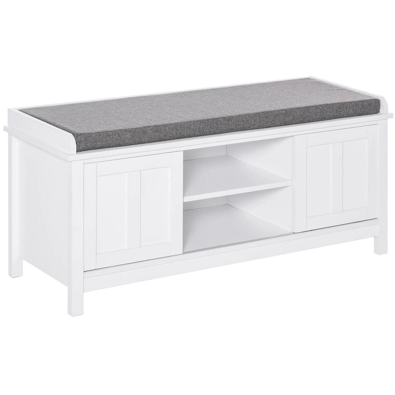 Entryway Shoe Storage Bench with Padded Seat 6 Compartments Sliding Barn Doors and Adjustable Shelves