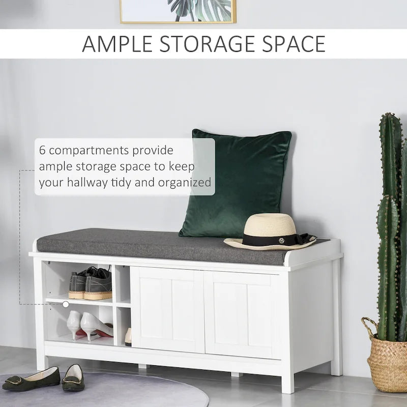 Entryway Shoe Storage Bench with Padded Seat 6 Compartments Sliding Barn Doors and Adjustable Shelves
