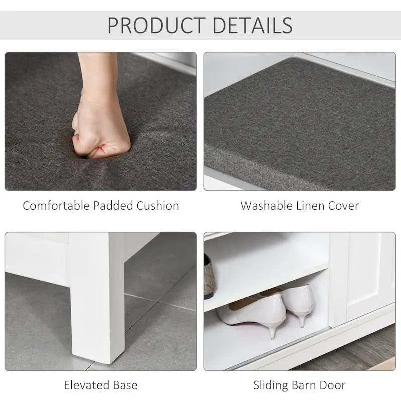 Entryway Shoe Storage Bench with Padded Seat 6 Compartments Sliding Barn Doors and Adjustable Shelves