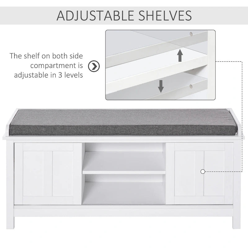 Entryway Shoe Storage Bench with Padded Seat 6 Compartments Sliding Barn Doors and Adjustable Shelves