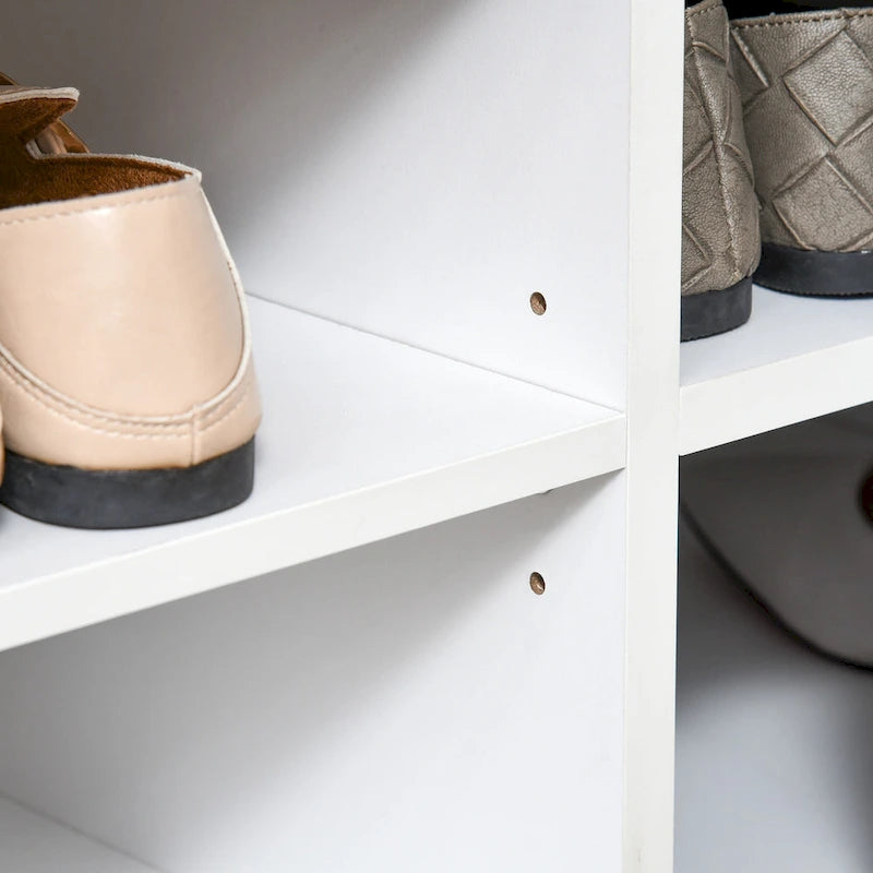 Entryway Shoe Storage Bench with Padded Seat 6 Compartments Sliding Barn Doors and Adjustable Shelves