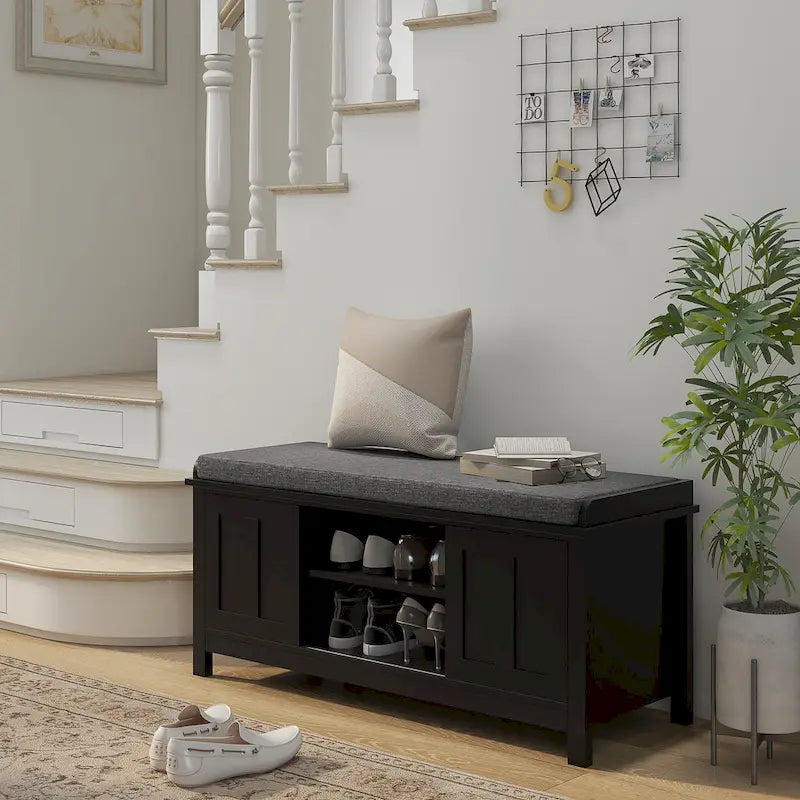 Entryway Shoe Storage Bench with Padded Seat 6 Compartments Sliding Barn Doors and Adjustable Shelves