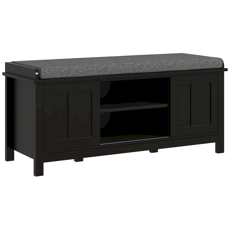 Entryway Shoe Storage Bench with Padded Seat 6 Compartments Sliding Barn Doors and Adjustable Shelves