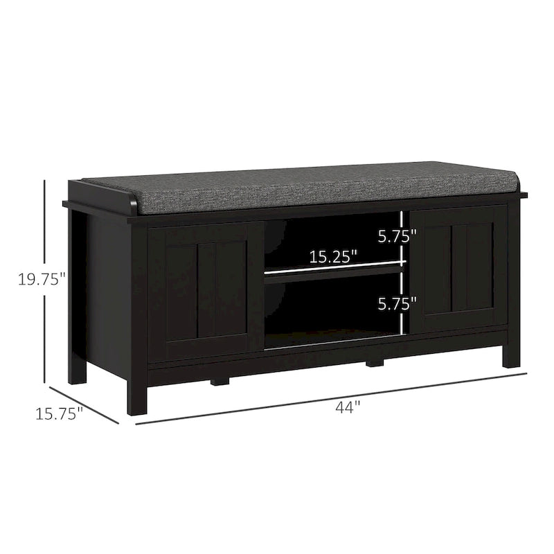 Entryway Shoe Storage Bench with Padded Seat 6 Compartments Sliding Barn Doors and Adjustable Shelves