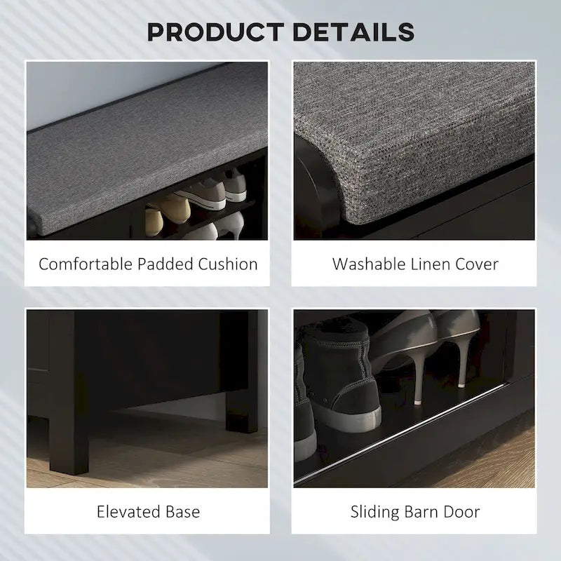 Entryway Shoe Storage Bench with Padded Seat 6 Compartments Sliding Barn Doors and Adjustable Shelves