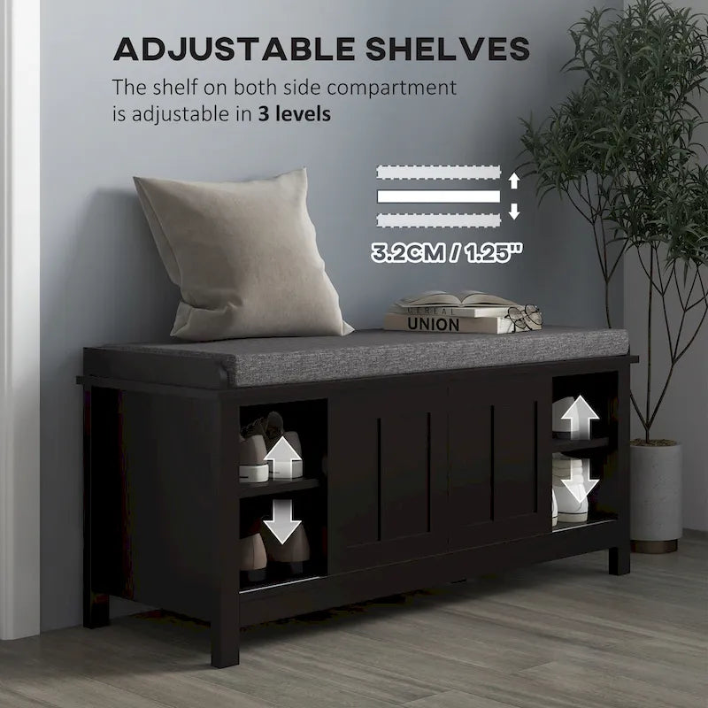 Entryway Shoe Storage Bench with Padded Seat 6 Compartments Sliding Barn Doors and Adjustable Shelves