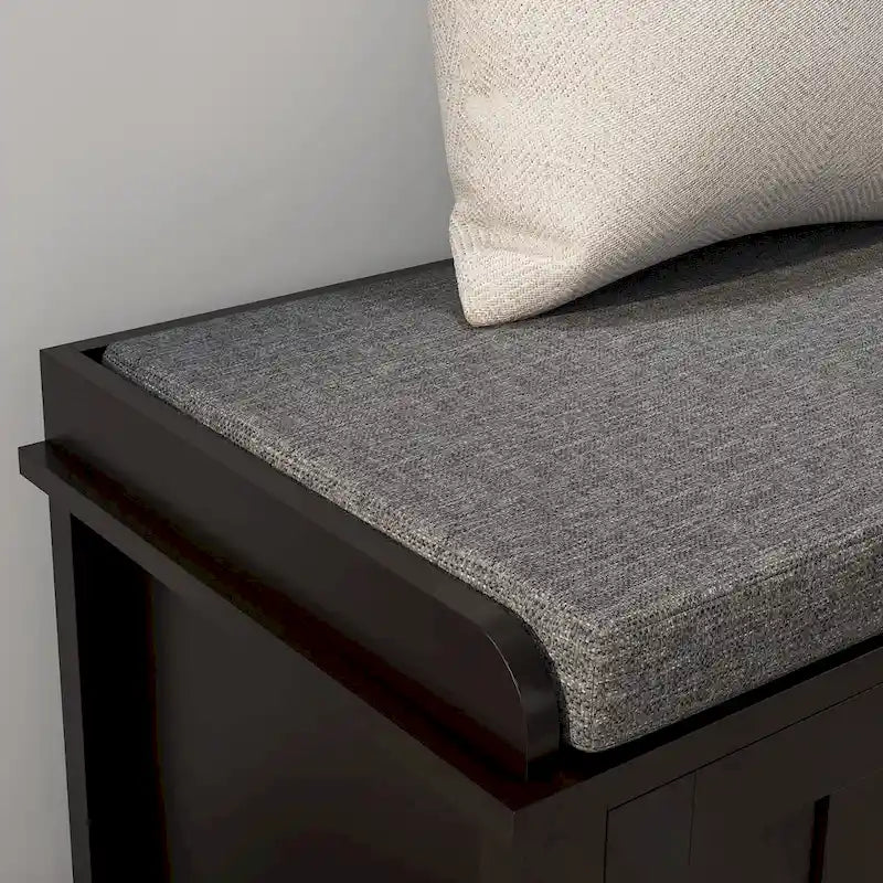 Entryway Shoe Storage Bench with Padded Seat 6 Compartments Sliding Barn Doors and Adjustable Shelves