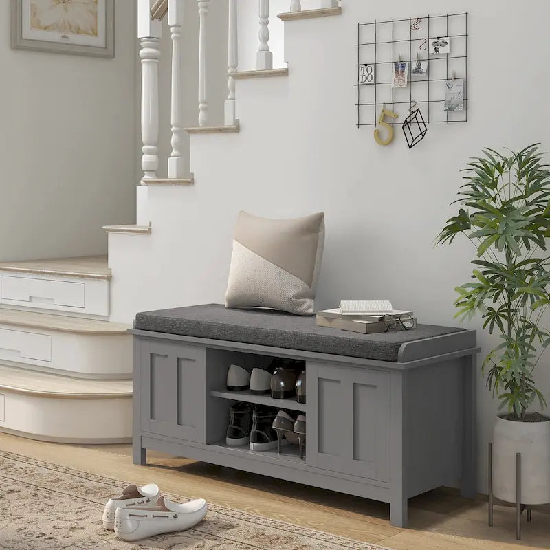 Entryway Shoe Storage Bench with Padded Seat 6 Compartments Sliding Barn Doors and Adjustable Shelves