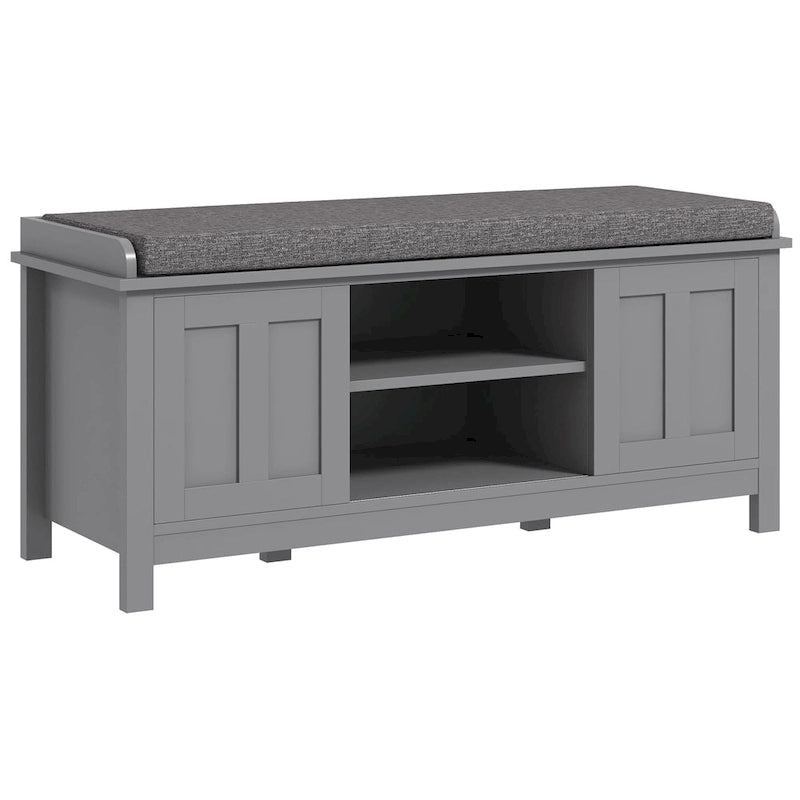 Entryway Shoe Storage Bench with Padded Seat 6 Compartments Sliding Barn Doors and Adjustable Shelves