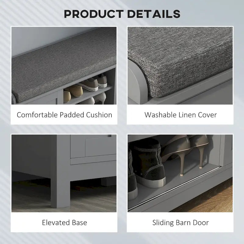 Entryway Shoe Storage Bench with Padded Seat 6 Compartments Sliding Barn Doors and Adjustable Shelves