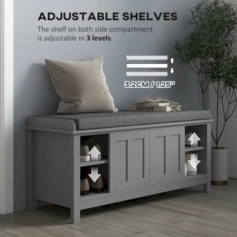 Entryway Shoe Storage Bench with Padded Seat 6 Compartments Sliding Barn Doors and Adjustable Shelves