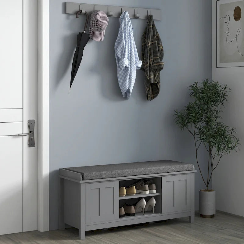 Entryway Shoe Storage Bench with Padded Seat 6 Compartments Sliding Barn Doors and Adjustable Shelves