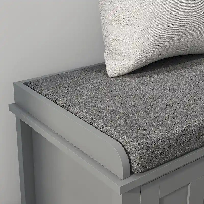 Entryway Shoe Storage Bench with Padded Seat 6 Compartments Sliding Barn Doors and Adjustable Shelves