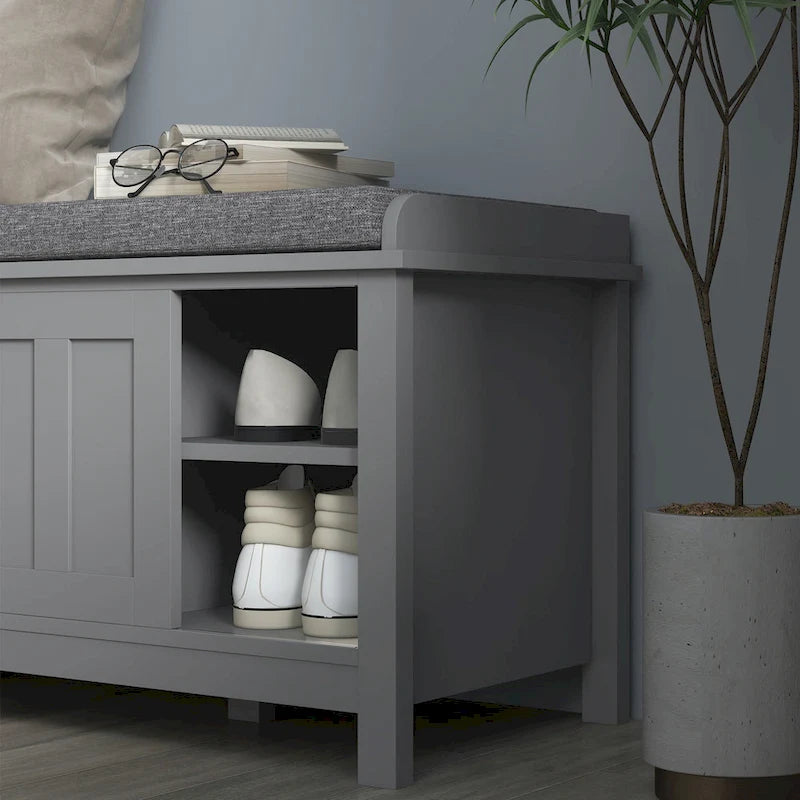 Entryway Shoe Storage Bench with Padded Seat 6 Compartments Sliding Barn Doors and Adjustable Shelves