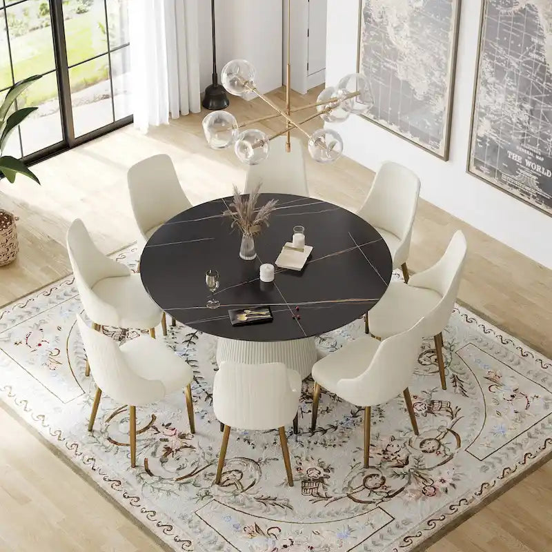 59 Modern Round Dining Table for 8, Black Sintered Stone Tabletop with Lazy Susan
