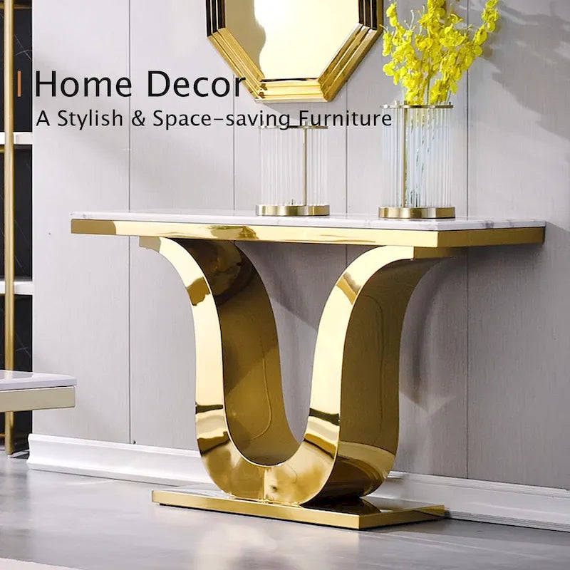 50 inch Luxury Console Table Rectangle Living Room White Sofa Entryway Table with Stainless Steel U Base