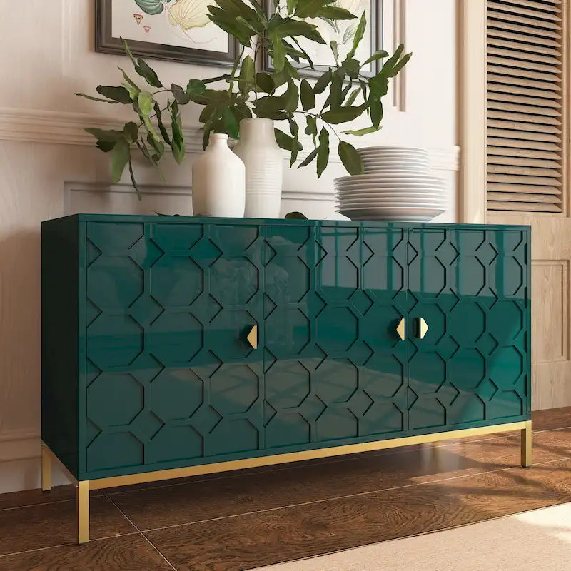 3-Door Glossy Sideboard Cabinet with Honeycomb Door Pattern Gold Metal Legs and Adjustable Shelves