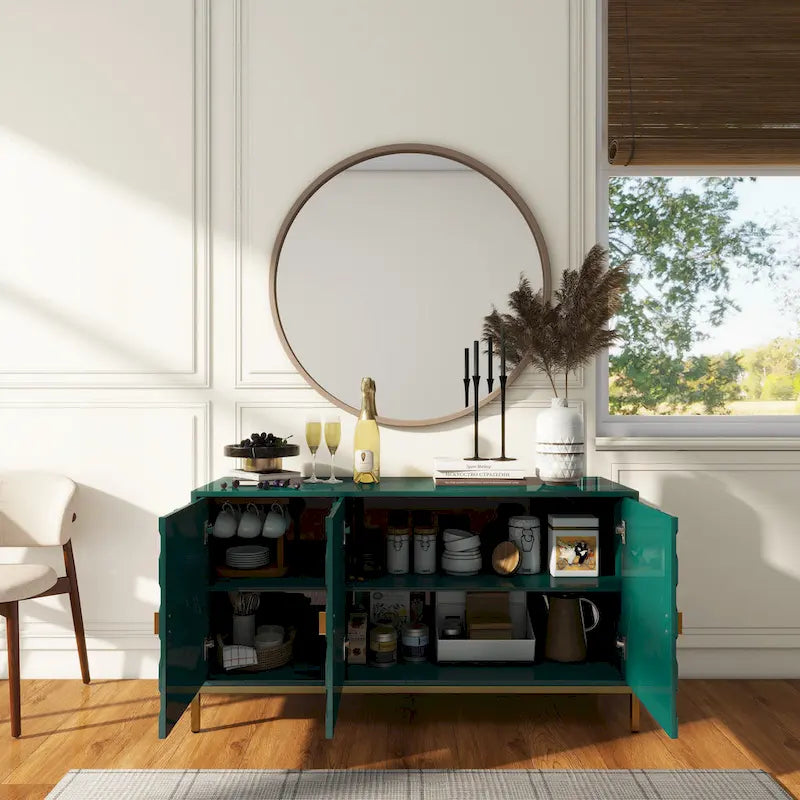 3-Door Glossy Sideboard Cabinet with Honeycomb Door Pattern Gold Metal Legs and Adjustable Shelves