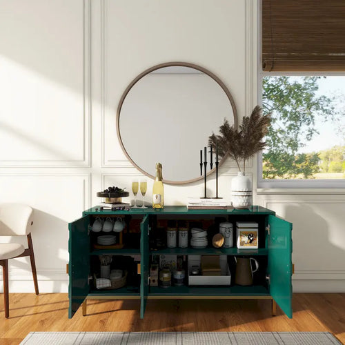 3-Door Glossy Sideboard Cabinet with Honeycomb Door Pattern Gold Metal Legs and Adjustable Shelves