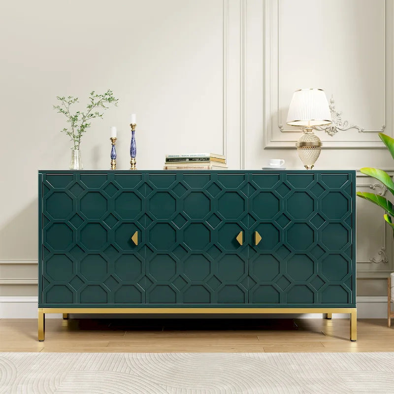 3-Door Glossy Sideboard Cabinet with Honeycomb Door Pattern Gold Metal Legs and Adjustable Shelves