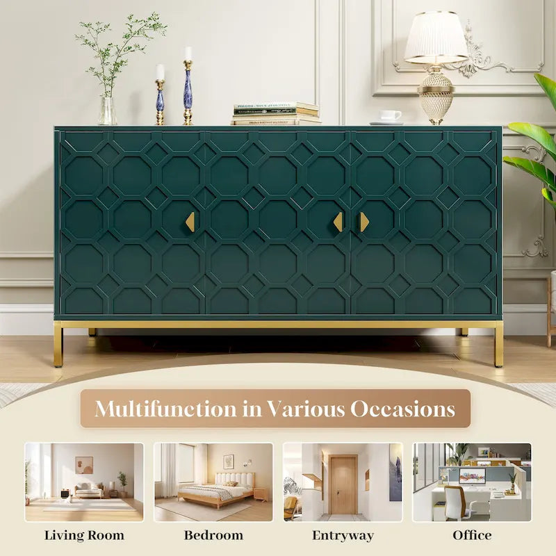 3-Door Glossy Sideboard Cabinet with Honeycomb Door Pattern Gold Metal Legs and Adjustable Shelves