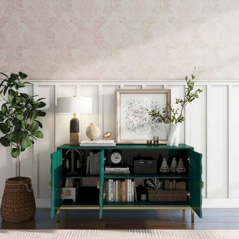 3-Door Glossy Sideboard Cabinet with Honeycomb Door Pattern Gold Metal Legs and Adjustable Shelves