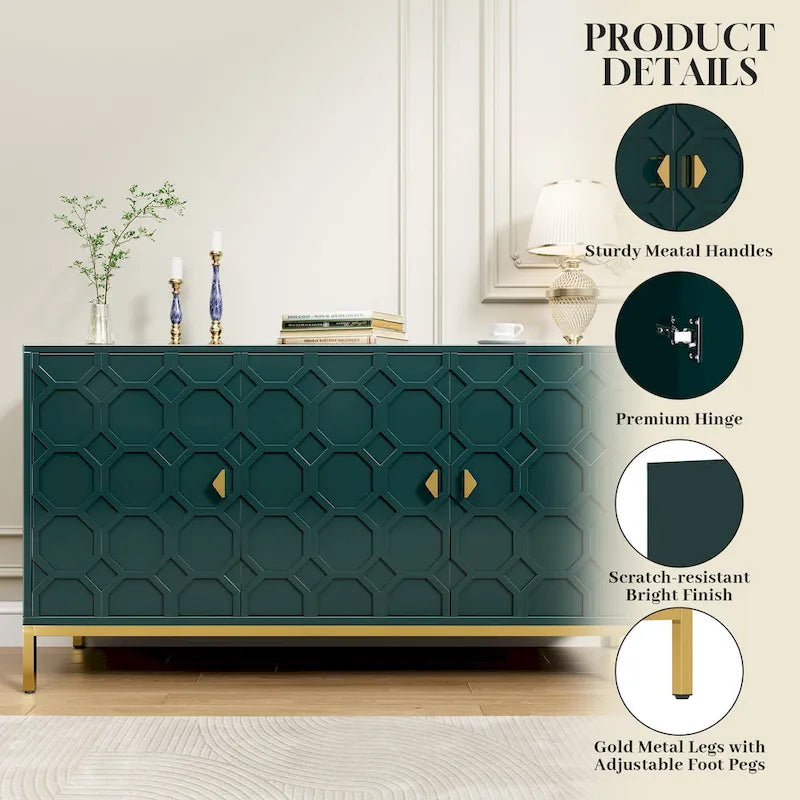 3-Door Glossy Sideboard Cabinet with Honeycomb Door Pattern Gold Metal Legs and Adjustable Shelves