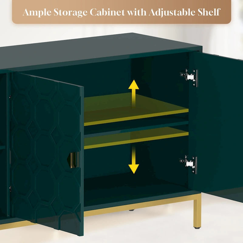 3-Door Glossy Sideboard Cabinet with Honeycomb Door Pattern Gold Metal Legs and Adjustable Shelves