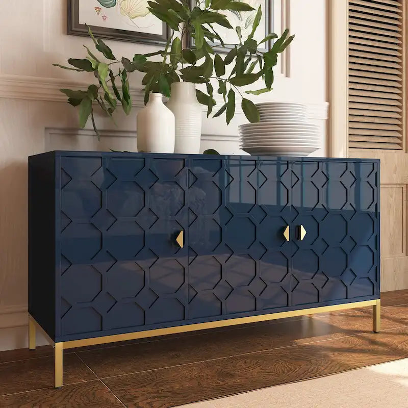 3-Door Glossy Sideboard Cabinet with Honeycomb Door Pattern Gold Metal Legs and Adjustable Shelves