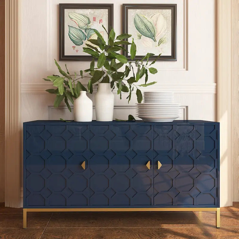 3-Door Glossy Sideboard Cabinet with Honeycomb Door Pattern Gold Metal Legs and Adjustable Shelves