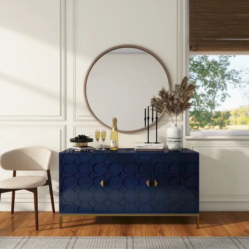 3-Door Glossy Sideboard Cabinet with Honeycomb Door Pattern Gold Metal Legs and Adjustable Shelves
