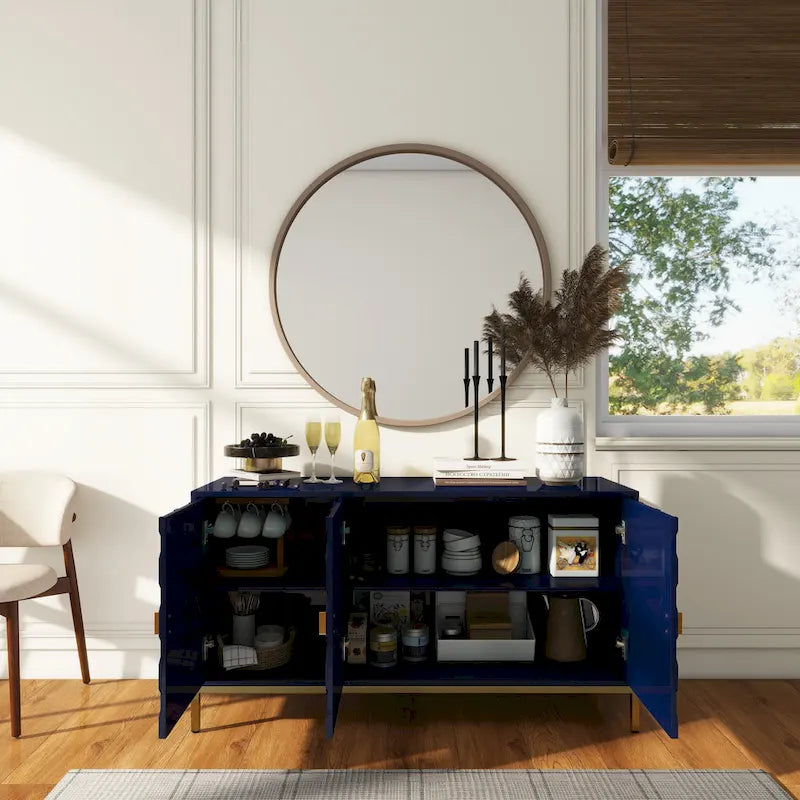 3-Door Glossy Sideboard Cabinet with Honeycomb Door Pattern Gold Metal Legs and Adjustable Shelves