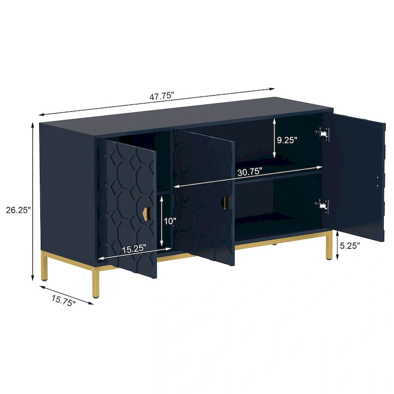 3-Door Glossy Sideboard Cabinet with Honeycomb Door Pattern Gold Metal Legs and Adjustable Shelves