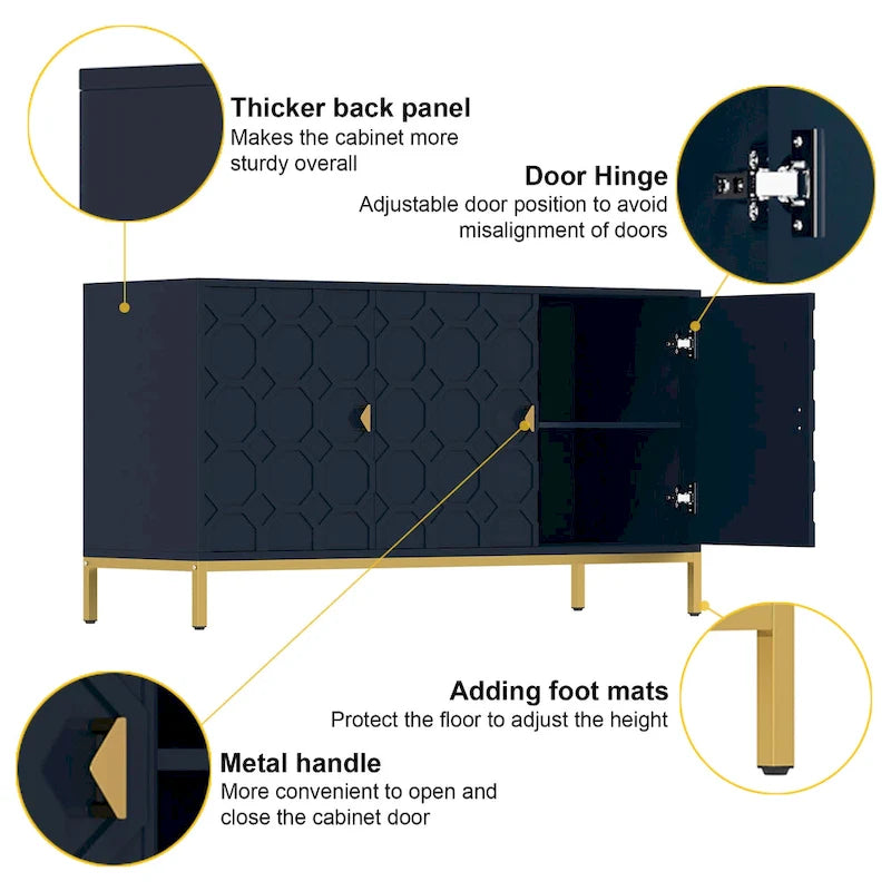 3-Door Glossy Sideboard Cabinet with Honeycomb Door Pattern Gold Metal Legs and Adjustable Shelves