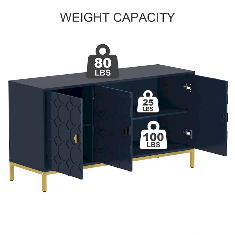 3-Door Glossy Sideboard Cabinet with Honeycomb Door Pattern Gold Metal Legs and Adjustable Shelves