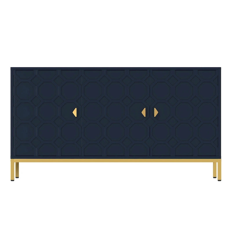 3-Door Glossy Sideboard Cabinet with Honeycomb Door Pattern Gold Metal Legs and Adjustable Shelves