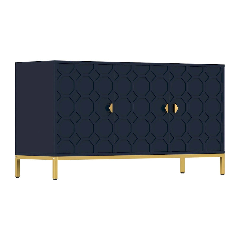 3-Door Glossy Sideboard Cabinet with Honeycomb Door Pattern Gold Metal Legs and Adjustable Shelves