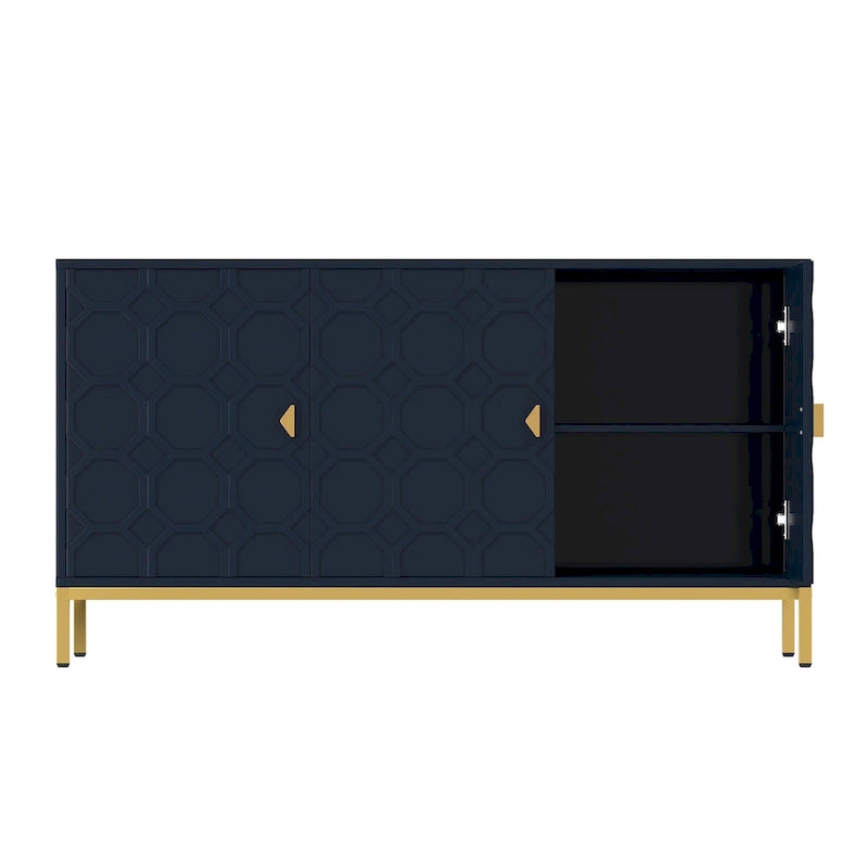 3-Door Glossy Sideboard Cabinet with Honeycomb Door Pattern Gold Metal Legs and Adjustable Shelves