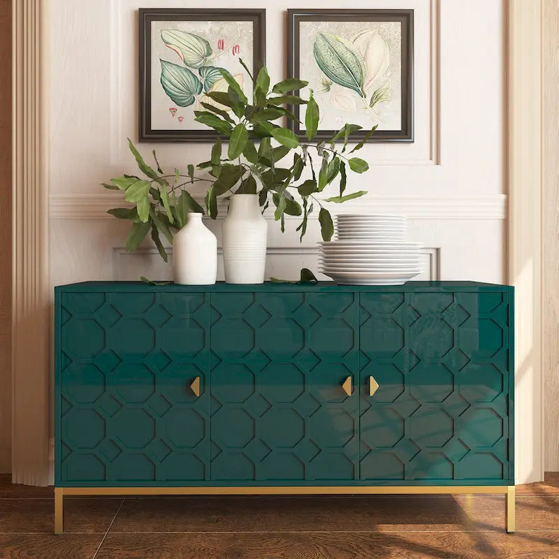 3-Door Glossy Sideboard Cabinet with Honeycomb Door Pattern Gold Metal Legs and Adjustable Shelves