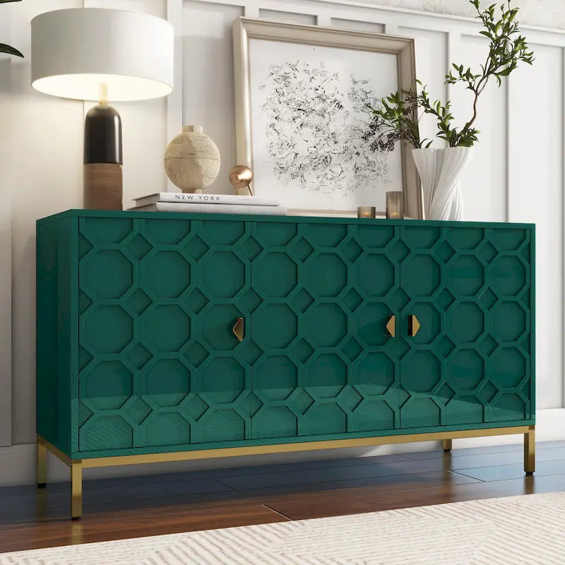 3-Door Glossy Sideboard Cabinet with Honeycomb Door Pattern Gold Metal Legs and Adjustable Shelves