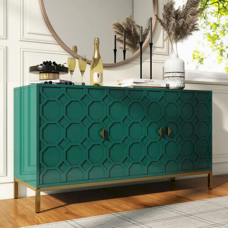 3-Door Glossy Sideboard Cabinet with Honeycomb Door Pattern Gold Metal Legs and Adjustable Shelves