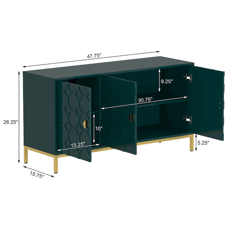 3-Door Glossy Sideboard Cabinet with Honeycomb Door Pattern Gold Metal Legs and Adjustable Shelves