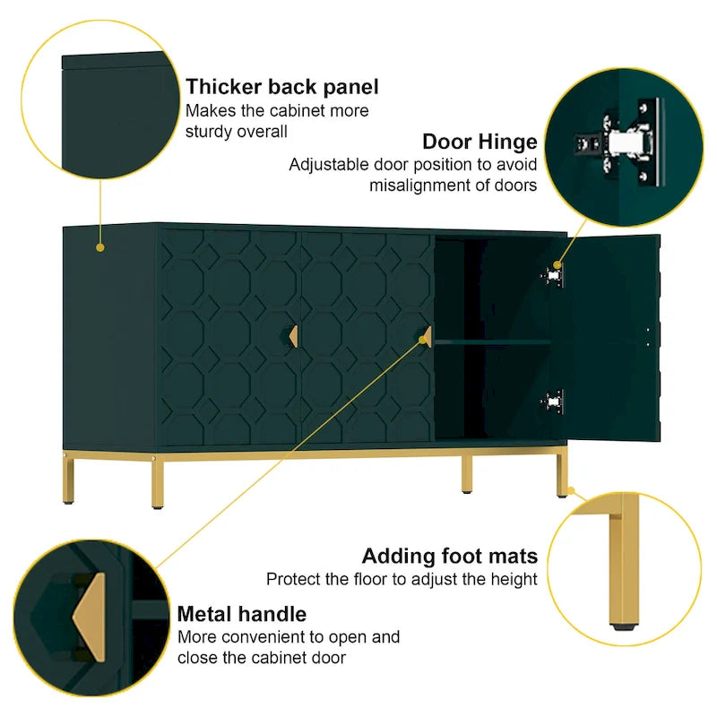 3-Door Glossy Sideboard Cabinet with Honeycomb Door Pattern Gold Metal Legs and Adjustable Shelves