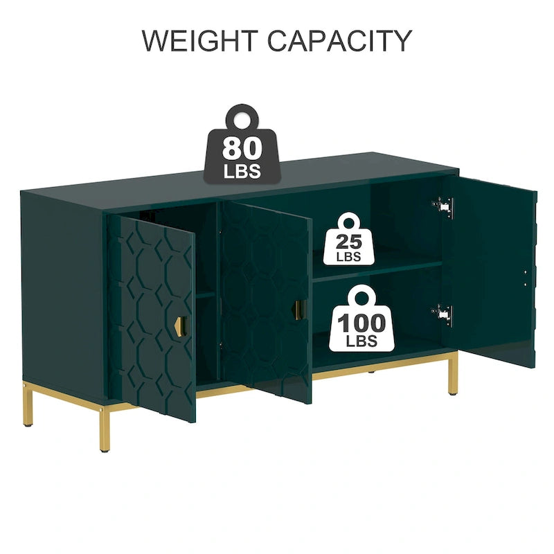 3-Door Glossy Sideboard Cabinet with Honeycomb Door Pattern Gold Metal Legs and Adjustable Shelves
