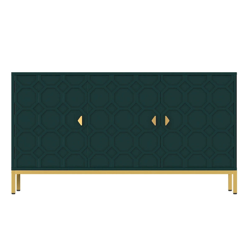 3-Door Glossy Sideboard Cabinet with Honeycomb Door Pattern Gold Metal Legs and Adjustable Shelves