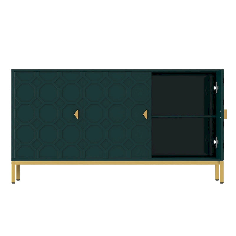 3-Door Glossy Sideboard Cabinet with Honeycomb Door Pattern Gold Metal Legs and Adjustable Shelves