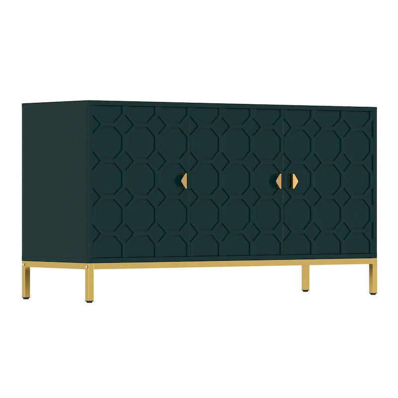 3-Door Glossy Sideboard Cabinet with Honeycomb Door Pattern Gold Metal Legs and Adjustable Shelves
