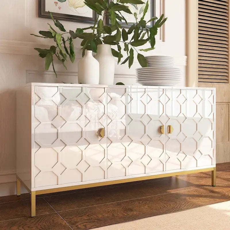 3-Door Glossy Sideboard Cabinet with Honeycomb Door Pattern Gold Metal Legs and Adjustable Shelves
