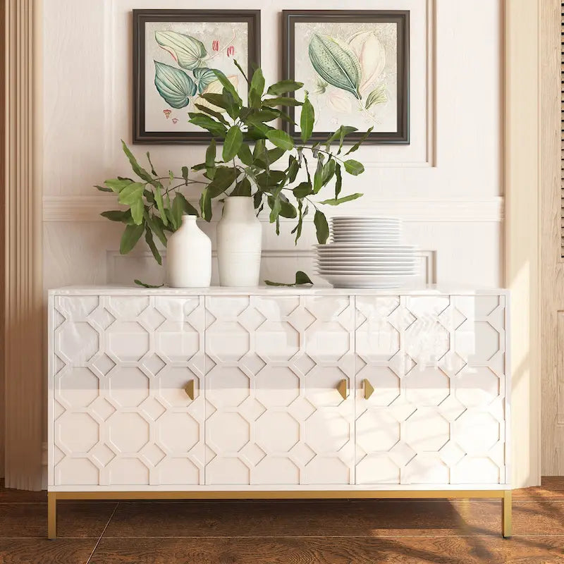 3-Door Glossy Sideboard Cabinet with Honeycomb Door Pattern Gold Metal Legs and Adjustable Shelves